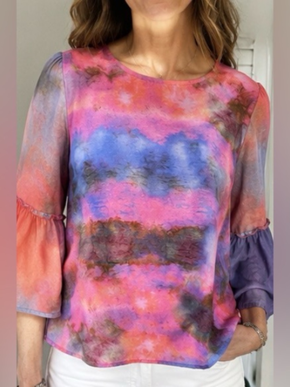 NWOT Anthropologie Bl^nk London Watercolor Print Bell Sleeve Top Size Medium